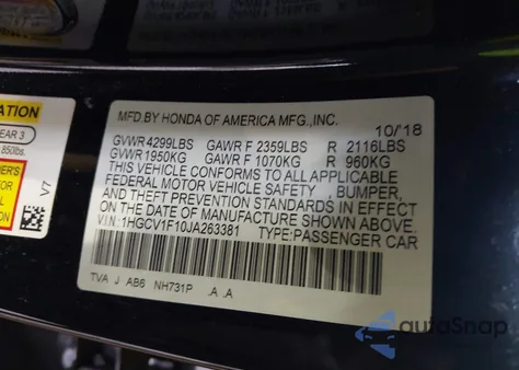 2018 Honda Accord Lx z USA, uszkodzony, nr VIN 1HGCV1F10JA263381